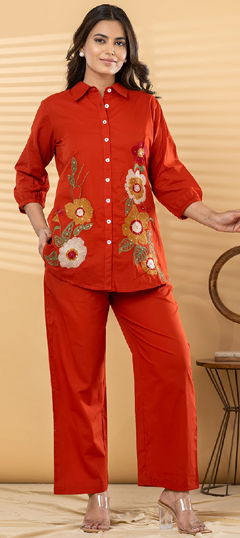 Beige and Brown color Co-ords Set in Cotton fabric with Embroidered, Resham, Sequence work