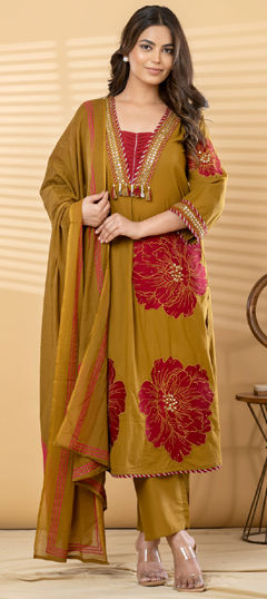 Green color Salwar Kameez in Cotton fabric with Bugle Beads, Embroidered, Gota Patti, Sequence work