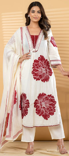 White and Off White color Salwar Kameez in Cotton fabric with Bugle Beads, Embroidered, Gota Patti, Sequence work