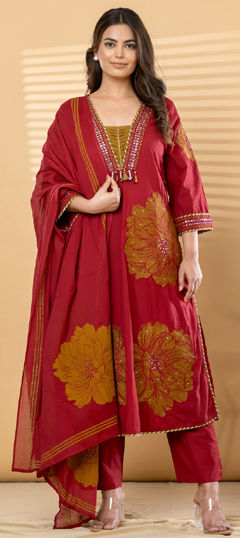 Red and Maroon color Salwar Kameez in Cotton fabric with Bugle Beads, Embroidered, Gota Patti, Sequence work