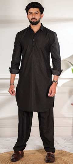 Black and Grey color Pathani Suit in Cotton, Satin Silk fabric with Thread work