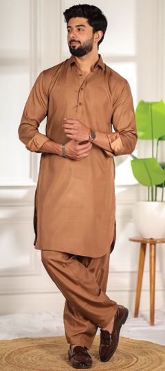 Beige and Brown color Pathani Suit in Cotton, Satin Silk fabric with Thread work