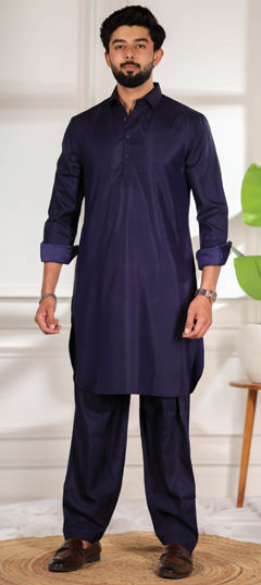 Blue color Pathani Suit in Cotton, Satin Silk fabric with Thread work