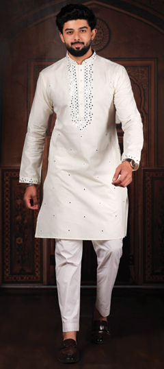 White and Off White color Kurta Pyjamas in Cotton fabric with Embroidered work