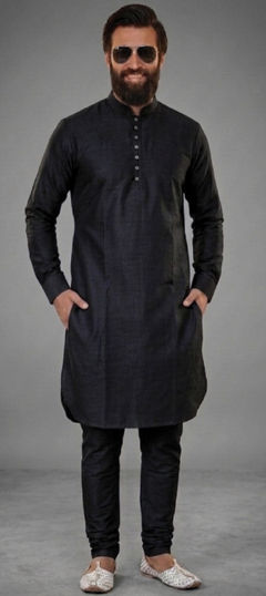 Black and Grey color Kurta Pyjamas in Dupion Silk fabric with Thread work