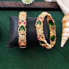 Gold Rodium Polish Green color Bangles in Metal Alloy studded with CZ Diamond