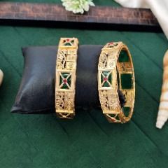 Gold Rodium Polish Green color Bangles in Metal Alloy studded with CZ Diamond