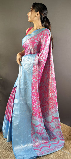 Pink and Majenta color Saree in Kanjeevaram Silk fabric with Weaving work