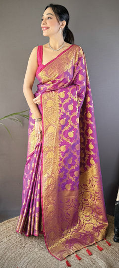 Purple and Violet color Saree in Silk fabric with Weaving work
