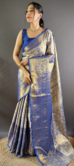 Blue color Saree in Kanjeevaram Silk fabric with Weaving work