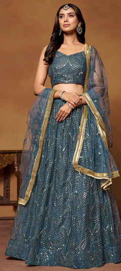 Blue color Lehenga in Net fabric with Embroidered, Mirror, Sequence work