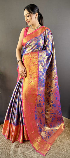Blue color Saree in Kanjeevaram Silk fabric with Weaving work