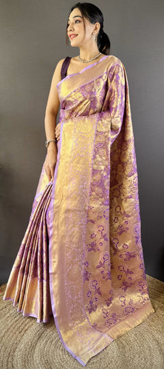 Purple and Violet color Saree in Kanjeevaram Silk fabric with Weaving work