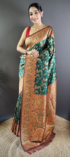 Green color Saree in Banarasi Silk fabric with Weaving work