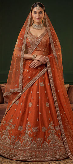 Orange color Lehenga in Silk fabric with Embroidered, Sequence, Thread work