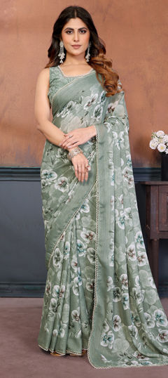 Green color Saree in Georgette fabric with Floral, Printed work