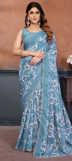 Blue color Saree in Georgette fabric with Floral, Printed work