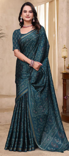 Green color Saree in Mul Cotton fabric with Printed work