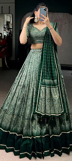 Green color Lehenga in Tussar Silk fabric with Printed work