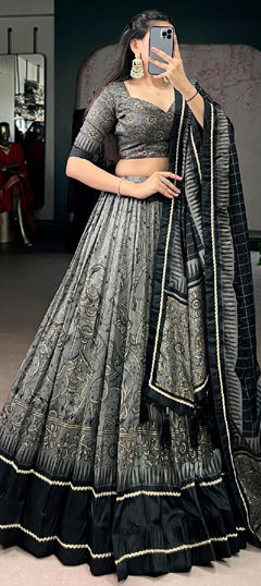 Black and Grey color Lehenga in Tussar Silk fabric with Printed work