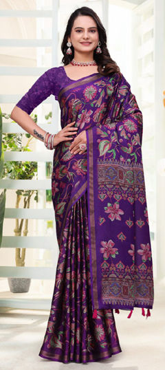 Purple and Violet color Saree in Mul Cotton fabric with Floral, Printed work