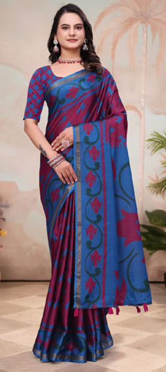 Blue, Purple and Violet color Saree in Mul Cotton fabric with Floral, Printed work