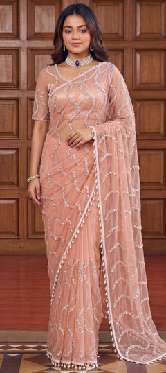 Pink and Majenta color Saree in Net fabric with Embroidered, Sequence work