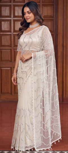 White and Off White color Saree in Net fabric with Embroidered, Sequence work