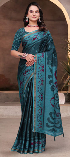 Blue color Saree in Mul Cotton fabric with Printed work