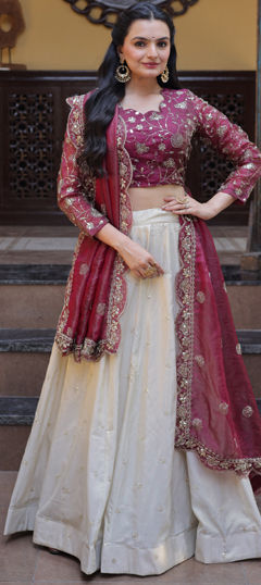 White and Off White color Lehenga in Silk fabric with Embroidered, Sequence, Zari work