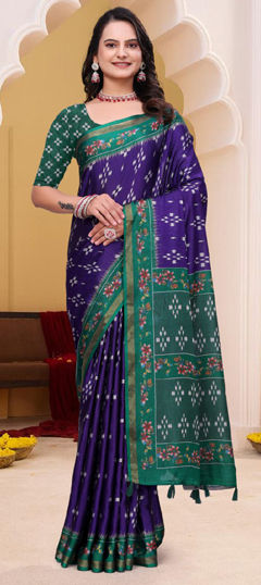 Green, Purple and Violet color Saree in Mul Cotton fabric with Printed work