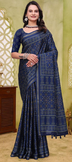 Blue color Saree in Mul Cotton fabric with Printed work