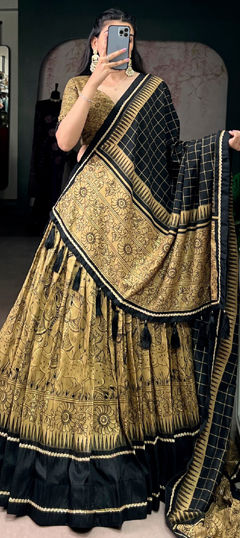 Gold color Lehenga in Tussar Silk fabric with Printed work