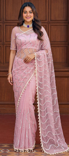 Pink and Majenta color Saree in Net fabric with Embroidered, Sequence work