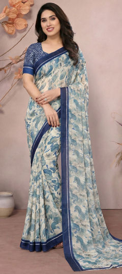 Blue color Saree in Georgette fabric with Printed work
