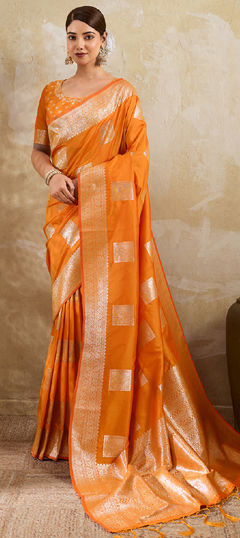 Orange color Saree in Blended fabric with Weaving work
