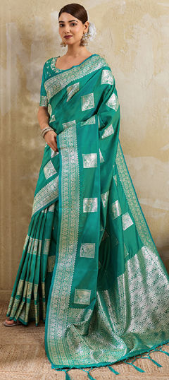Green color Saree in Blended fabric with Weaving work