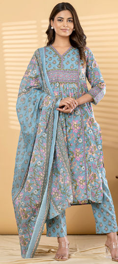 Blue color Salwar Kameez in Cotton fabric with Cut Dana, Floral, Printed, Sequence work