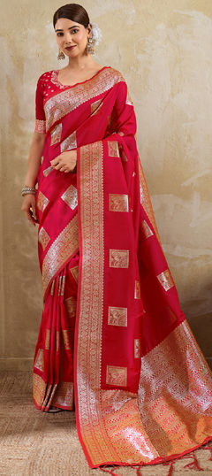 Red and Maroon color Saree in Blended, Silk fabric with Weaving work
