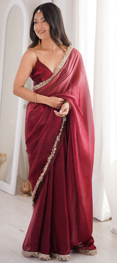 Red and Maroon color Saree in Tissue fabric with Lace, Sequence, Zari work