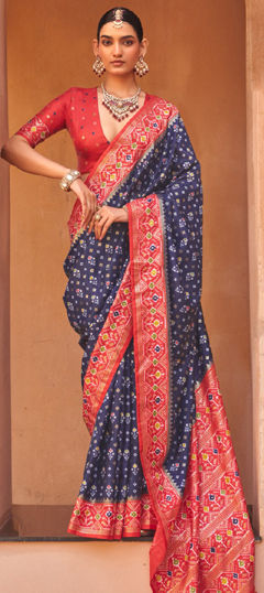 Blue, Red and Maroon color Saree in Art Silk fabric with Printed, Weaving work