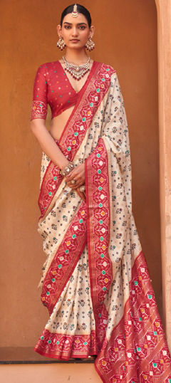 Red and Maroon, White and Off White color Saree in Art Silk fabric with Printed, Weaving work