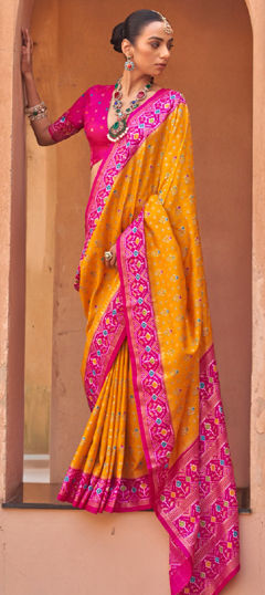 Pink and Majenta, Yellow color Saree in Art Silk fabric with Printed, Weaving work