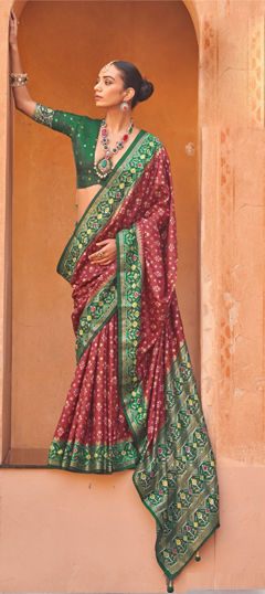 Green, Red and Maroon color Saree in Art Silk fabric with Printed, Weaving work