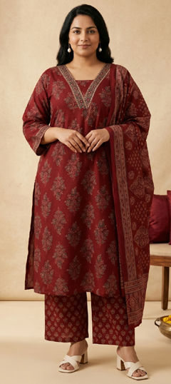 Red and Maroon color Salwar Kameez in Cotton fabric with Printed, Sequence work