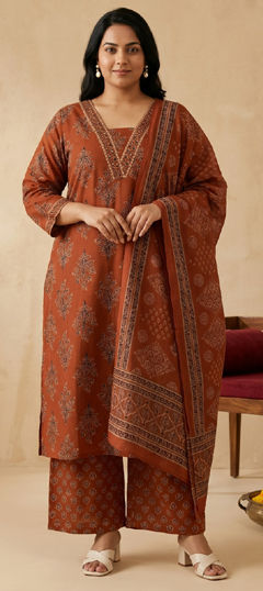 Beige and Brown color Salwar Kameez in Cotton fabric with Printed, Sequence work