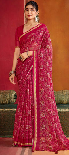 Pink and Majenta color Saree in Georgette fabric with Printed work
