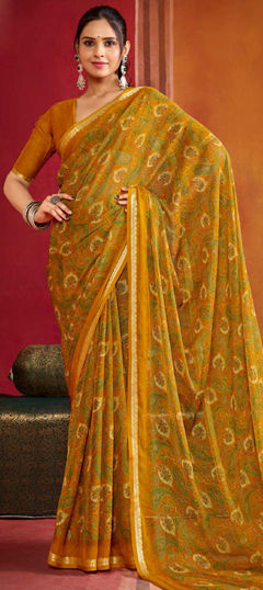 Yellow color Saree in Georgette fabric with Printed work