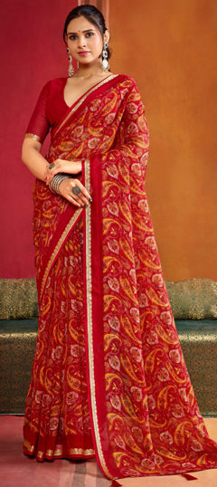 Red and Maroon color Saree in Georgette fabric with Printed work