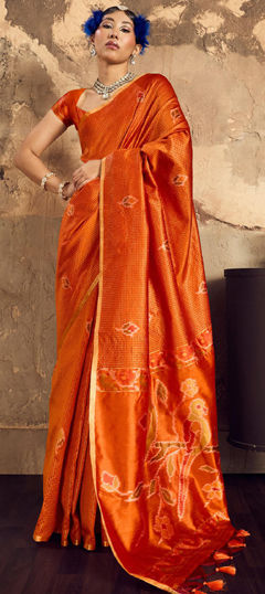 Orange color Saree in Handloom fabric with Weaving work